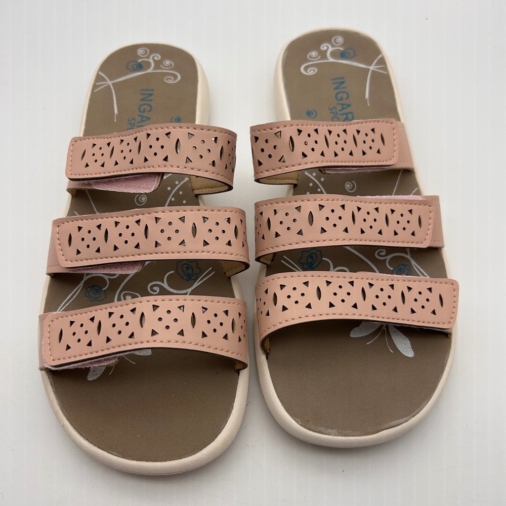 Ingaro Sport Tryton 7495 Blush Pink Laser Cut Triple Strap Slide Sandals Size 8